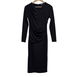 Rachel Roy Dress Sz S Black Stretch Knit Ruched Waist Midi Long Sleeve